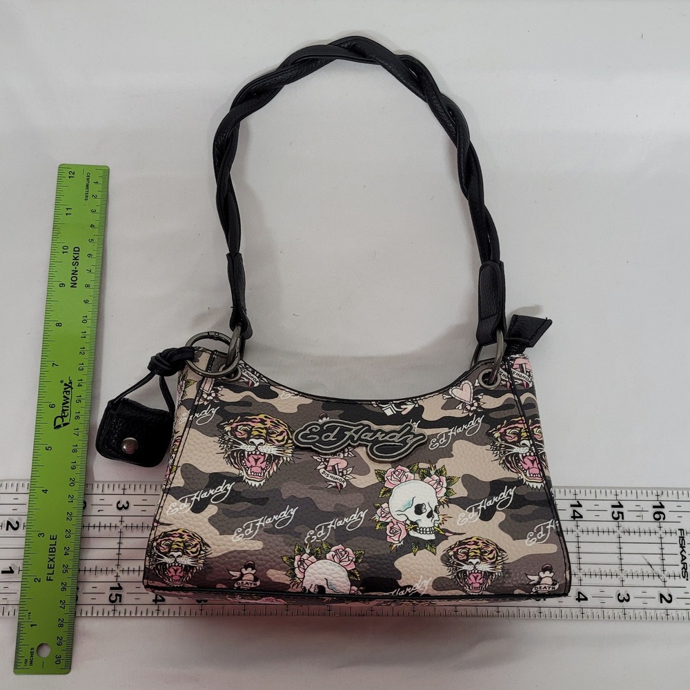 Ed Hardy Camo Tattoo Print Shoulder Bag Tiger Skull Braided Strap Y2K